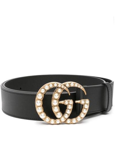 Gucci Leather Belt With Pearl Double G Buckle - Zwart