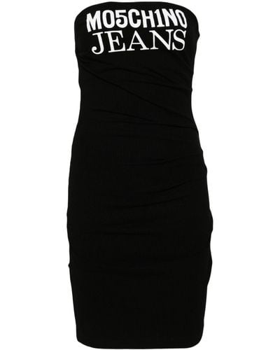 Moschino Jeans Vestido corto de canalé con logo estampado - Negro