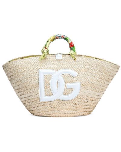 Dolce & Gabbana Kendra DG Logo Straw Tote Bag - Neutrals
