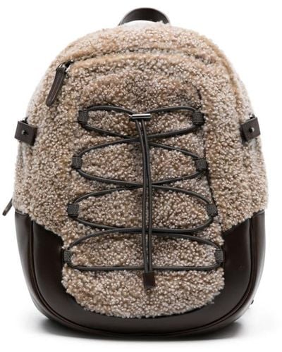 Brunello Cucinelli Shearling-trim leather backpack - Grigio