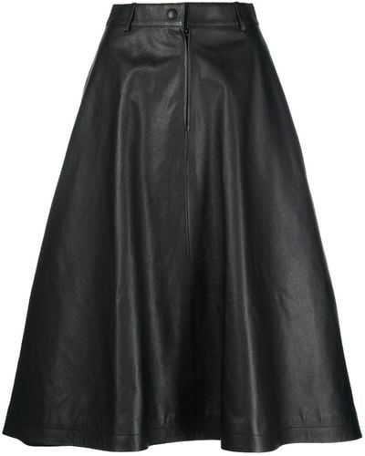 Balenciaga Leather Midi A-line Skirt - Black
