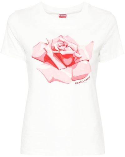 KENZO Rose-print Cotton T-shirt - Pink