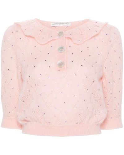 Alessandra Rich Rhinestone-embellished Pointelle-knit Top - Pink