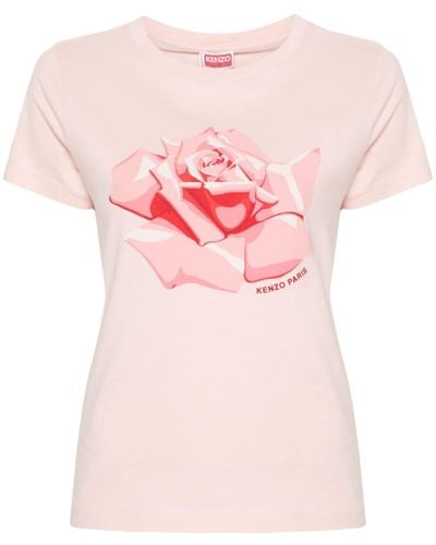 KENZO Rose-print Cotton T-shirt - Pink