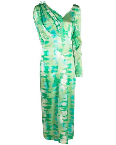 Ganni Printed Off-shoulder Silk Dress - Green
