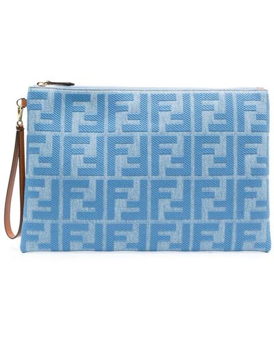 Fendi Large Ff-pattern Denim Flat Pouch - Blue