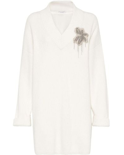 Brunello Cucinelli Bead-embellished Cashmere Dress - White