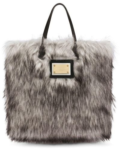 Dolce & Gabbana Faux Fur Shopper With Branded Tag - Grey