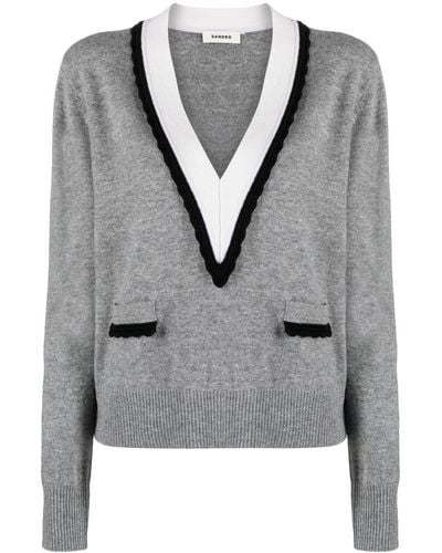 Sandro V-neck Fine-knit Sweater - Gray