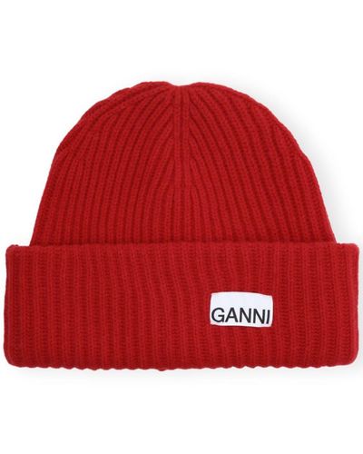 Ganni Logo-patch Ribbed Wool Beanie - Red