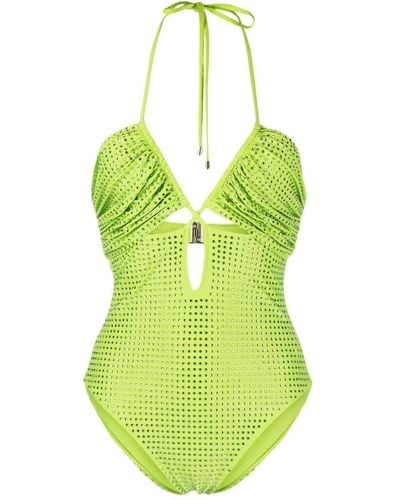 Self-Portrait Crystal-embellished Cut-out Swimsuit - Green