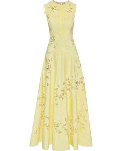 Oscar de la Renta Floral Applique Midi Dress - Yellow