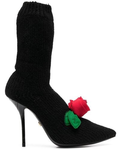 Dolce & Gabbana Knitted Style Rose Calf Boots - Black