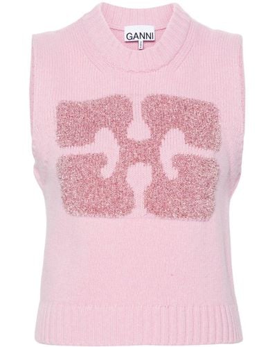 Ganni Glittery-logo sleeveless vest - Pink