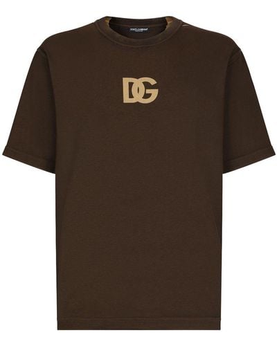 Dolce & Gabbana T-shirt in cotone stampa logo DG - Marrone