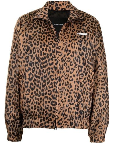 Pushbutton Leopard-print Long-sleeved Jacket - Brown