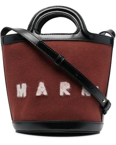 Marni Brown Bucket Shoulder Bag In Calf Leather And Wool And Cotton Blend With Adjustable And Removable Shoulder Strap - Black
