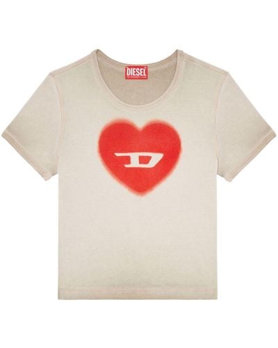 DIESEL Ribbed T-shirt With Watercolour Heart D - Natural