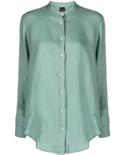Fay Band-collar Long-sleeve Linen Shirt - Green