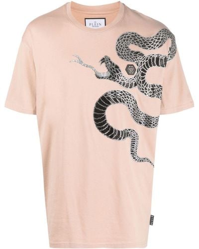 Philipp Plein Embellished Snake-print T-shirt - Natural