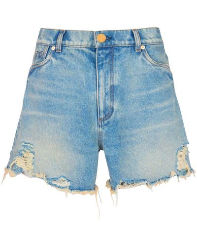 Balmain Jeans-Shorts mit Fransen - Blau