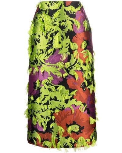La DoubleJ Floral Pattern-jacquard Frayed Midi Skirt - Green