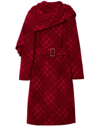 Burberry Check Draped Scarf-detail Coat - Red