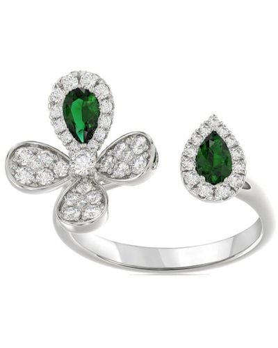 Marchesa 18kt White Gold Floral Emerald And Diamond Ring - Metallic