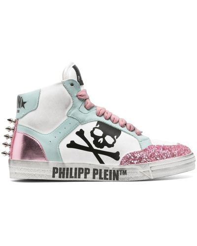 Philipp Plein Glitter Retrokickz Tm Leather Sneakers - White
