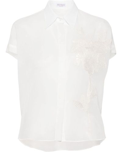 Brunello Cucinelli Camisa traslúcida con bordado floral - Blanco