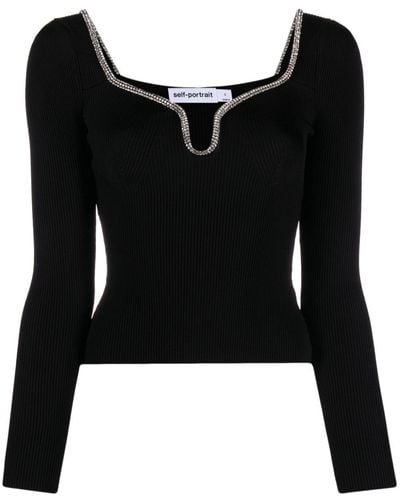 Self-Portrait Crystal-embellished Ribbed-knit Sweater - Black