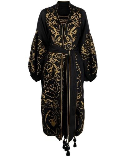 Yuliya Magdych Floral-embroidered Belted Dress - Black