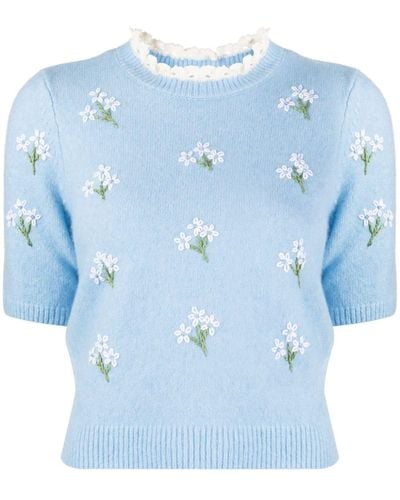 ShuShu/Tong Floral-embroidered Short-sleeve Sweater - Blue