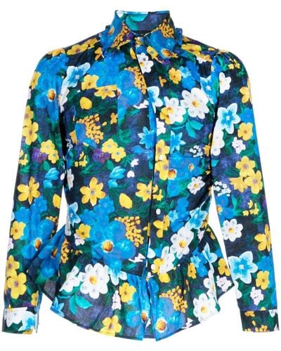 Egonlab Floral-print Peplum-hem Cotton Shirt - Blue