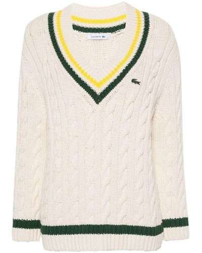 Lacoste V-neck Cable-knit Sweater - Natural