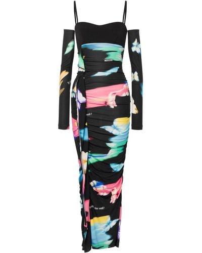 Moschino Jeans Printed Ruched Maxi Dress - Black