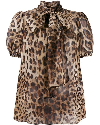 Dolce & Gabbana Leopard-print Pussy-bow Organza Blouse - Brown