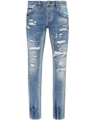Philipp Plein Straight Jeans Met Doodskopprint - Blauw