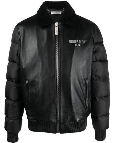 Philipp Plein Logo-print Padded Leather Jacket - Black
