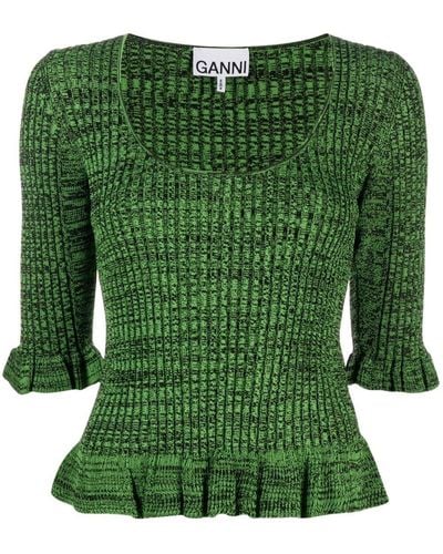 Ganni Speckle Ribbed-knit Ruffled Top - Green