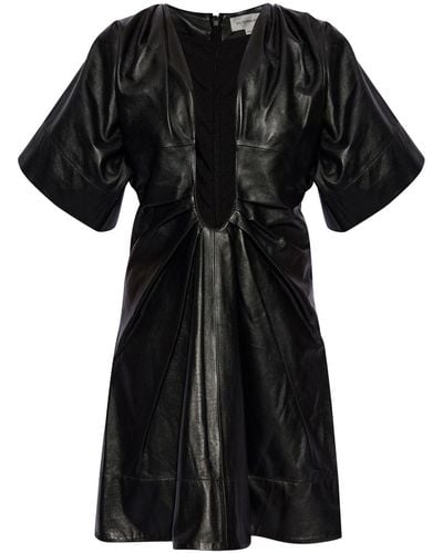 Victoria Beckham Pleated Leather Minidress - Black