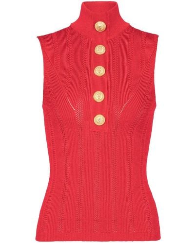 Balmain Buttoned High-neck Knit Top - Red