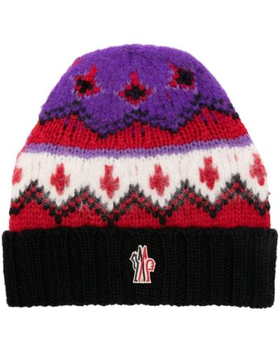 3 MONCLER GRENOBLE Bonnet en intarsia à patch logo - Rouge