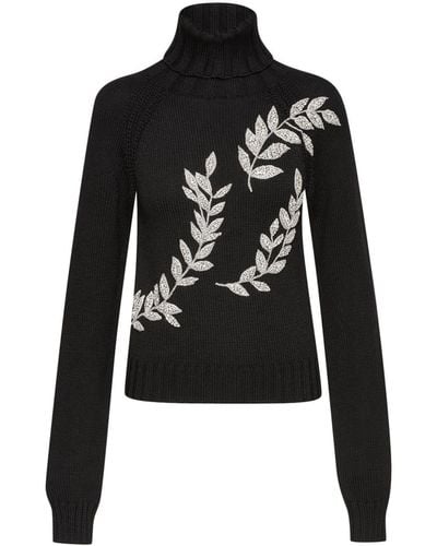 Oscar de la Renta Leaf-embroidery Virgin-wool Sweater - Black
