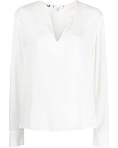 Tommy Hilfiger Blusa con cuello en V y manga larga - Blanco