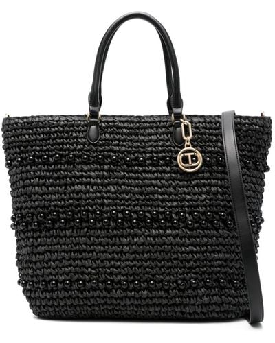 Twin Set Crochet Raffia Tote Bag - Black