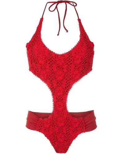 Amir Slama Floral-lace Detail Halterneck Swimsuit - Red