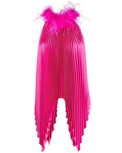 Styland Feather-collar Pleated Top - Pink