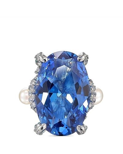 Anabela Chan 18kt White Gold Vermeil Aqua Mermaid Gemstone And Pearl Ring - Blue