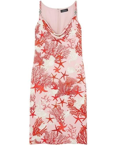 Versace Sea-print Satin Slip Dress - Red